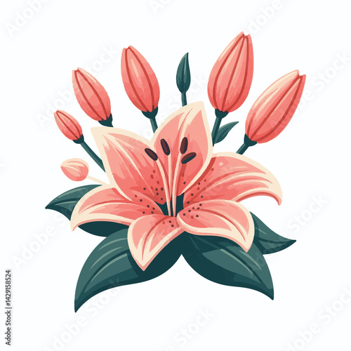 floral, lily, flower, nature, blossom, plant, white, background, spring, flora, bouquet, isolated, botanical, decoration, summer, botany, leaf, bloom, beautiful, green, closeup, petal, illustration, g
