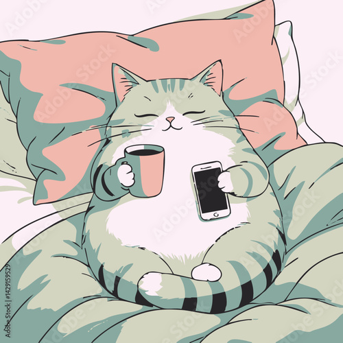 A flat, minimalist digital illustration of a lazy cat sitting or slouching in bed, holding a coffee mug in one paw and a smartphone in the other. The cat is wrapped in a blanket or has a messy 