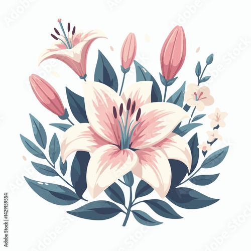 floral, lily, flower, nature, blossom, plant, white, background, spring, flora, bouquet, isolated, botanical, decoration, summer, botany, leaf, bloom, beautiful, green, closeup, petal, illustration, g