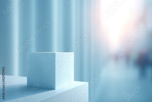minimalist empty podium with curtain background featuring blurred silhouettes of people in distance