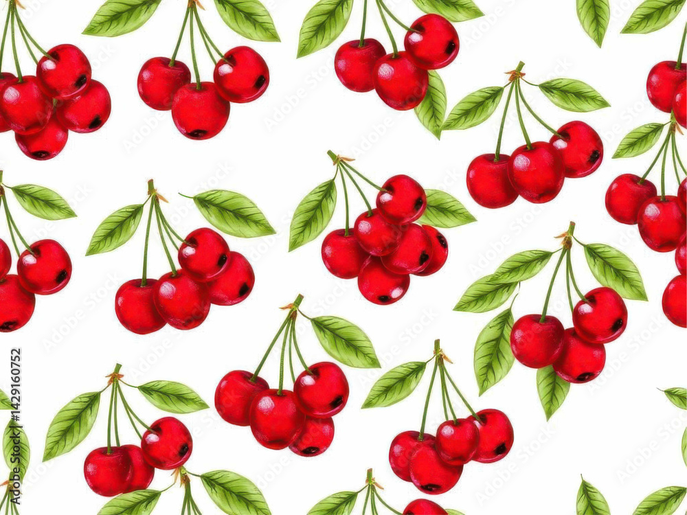 A repeating pattern of red cherries with green leaves on a white background in a seamless design style A repeating pattern of red cherries with green leaves on a white background in a seamless design style