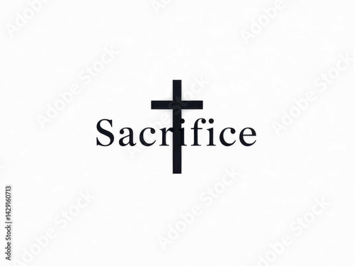 A simple image displaying the word sacrifice with a black cross on a plain white background image art