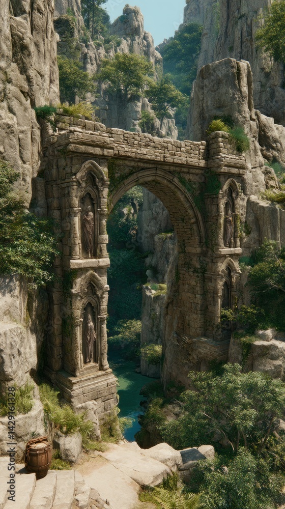 Ancient stone arch bridge in a valley Ancient stone arch bridge in a valley