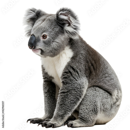 Australian Koala Sitting Isolated on White Background – Cute Wild Animal Photo. photo
