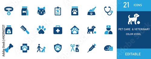 This set of 21 editable pet care and veterinary color icons includes essential symbols like pets, vet tools, grooming, food, and medical elements. Clean, minimal, and perfect for professionals