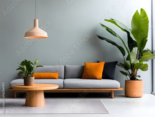 Inviting and serene minimalist living room with a luxurious velvet sectional natural wood accents lush indoor plants and soft diffused lighting creating a Scandinavian inspired ambiance
