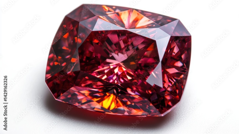 Fototapeta premium Macro shot of a radiant-cut ruby with brilliant sparkle and fiery reflections, isolated on white background