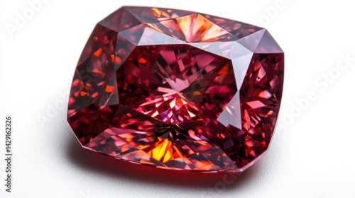 Macro shot of a radiant-cut ruby with brilliant sparkle and fiery reflections, isolated on white background