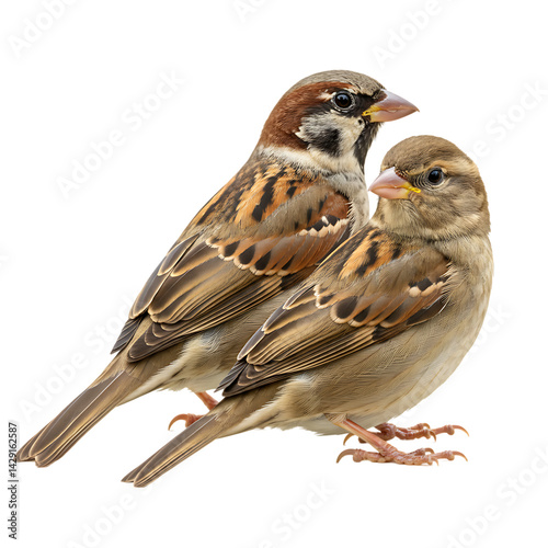 Two Sparrow Birds Standing - Realistic Wildlife Illustration for Nature Art & Decor on transparent background.