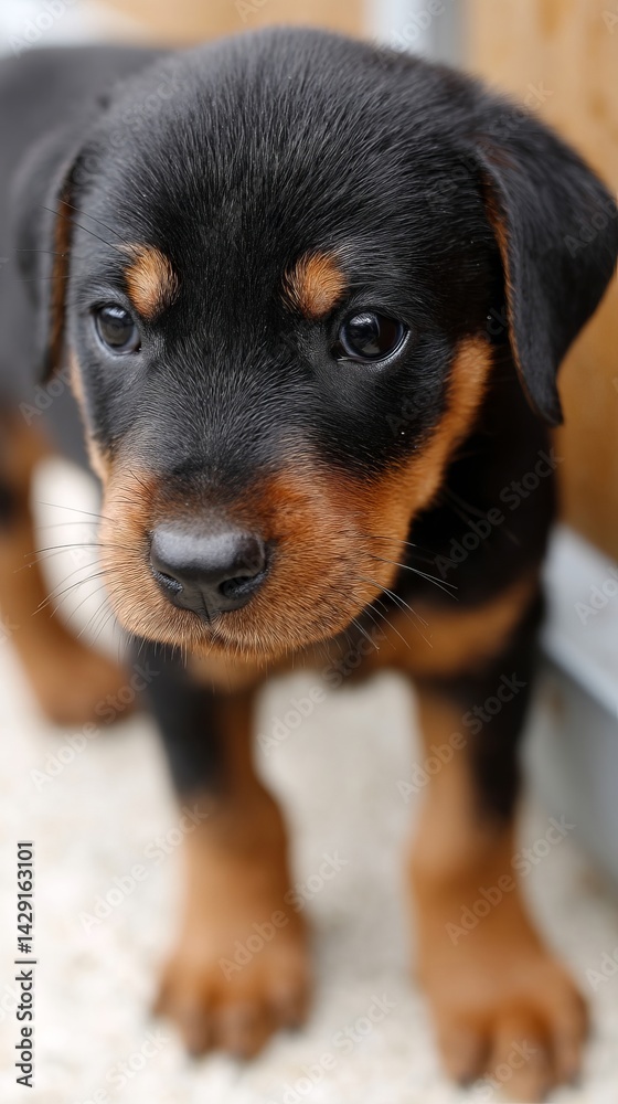 A small black and brown dog standing on a carpeted floor A small black and brown dog standing on a carpeted floor