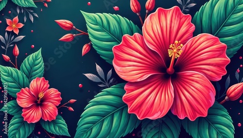 Bold graphic hibiscus print, vibrant tropical colors, print, graphic, hibiscus
