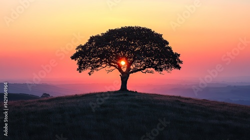 The solitary silhouette of a lone tree on a hilltop at twilight