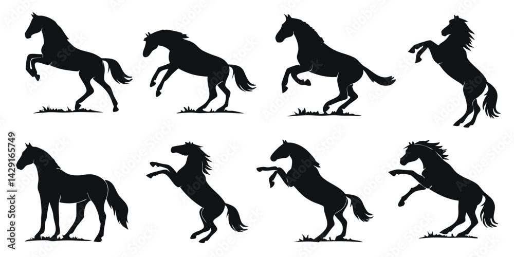 Naklejka premium Black Horse running and standing silhouettes set vector art icons illustrations 