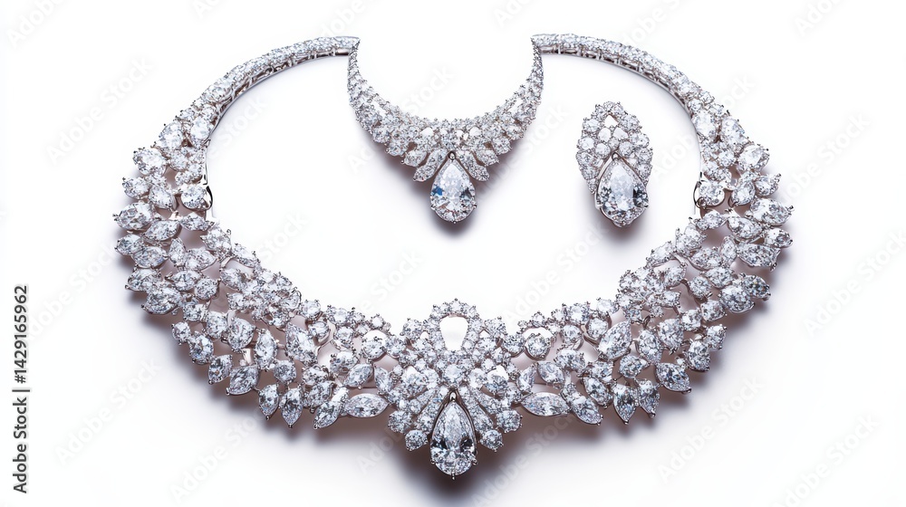 Obraz premium Elegant platinum set with diamond drop earrings, a sparkling necklace, and a matching ring, isolate on white background