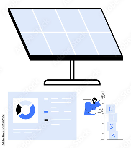 Solar panel array with data pie chart, analytics interface, and worker analyzing risk blocks. Ideal for sustainability, innovation, energy management, green tech, process optimization, risk