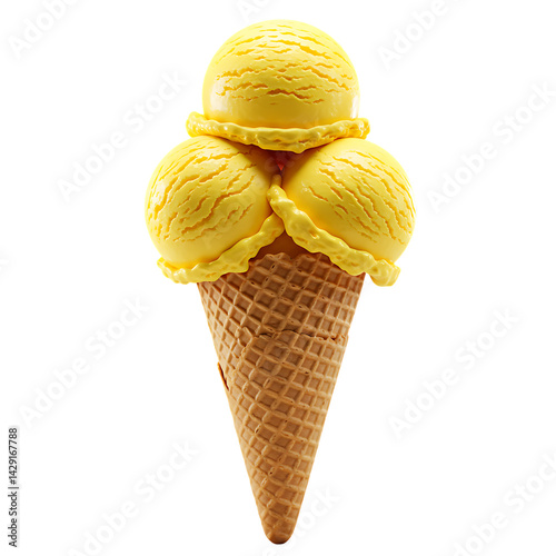 Yellow Ice Cream Cone with Three Scoops in Waffle Cone on White Background .