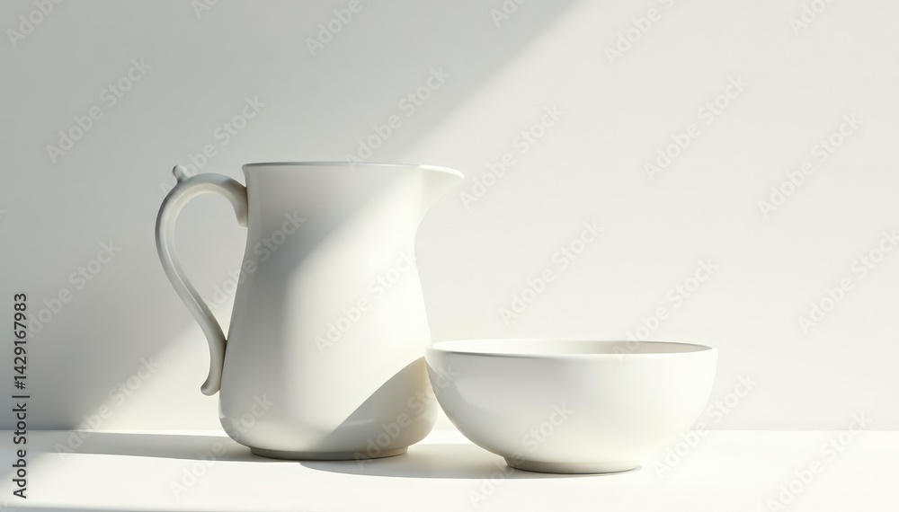 Empty bowl and pitcher on white background, sunlight , self-care, sunlight Empty bowl and pitcher on white background, sunlight , self-care, sunlight