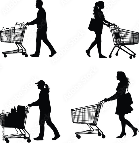 Man or women pushing shopping cart silhouette