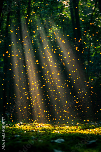 Enchanted forest scene Golden light rays pierce through trees, illuminating floating particles like fireflies or pixie dust.
