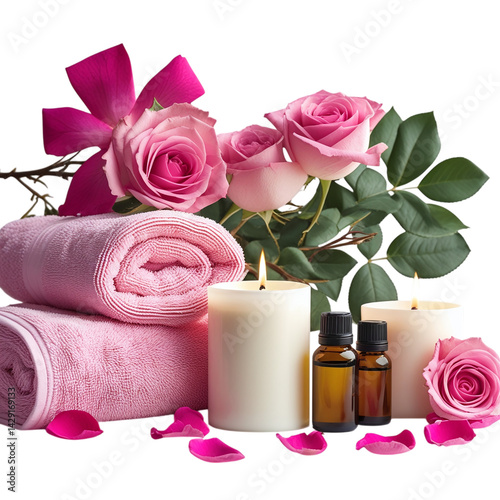 Spa relaxation wellness aromatherapy massage beauty treatment roses candles essential oils towels zen pink