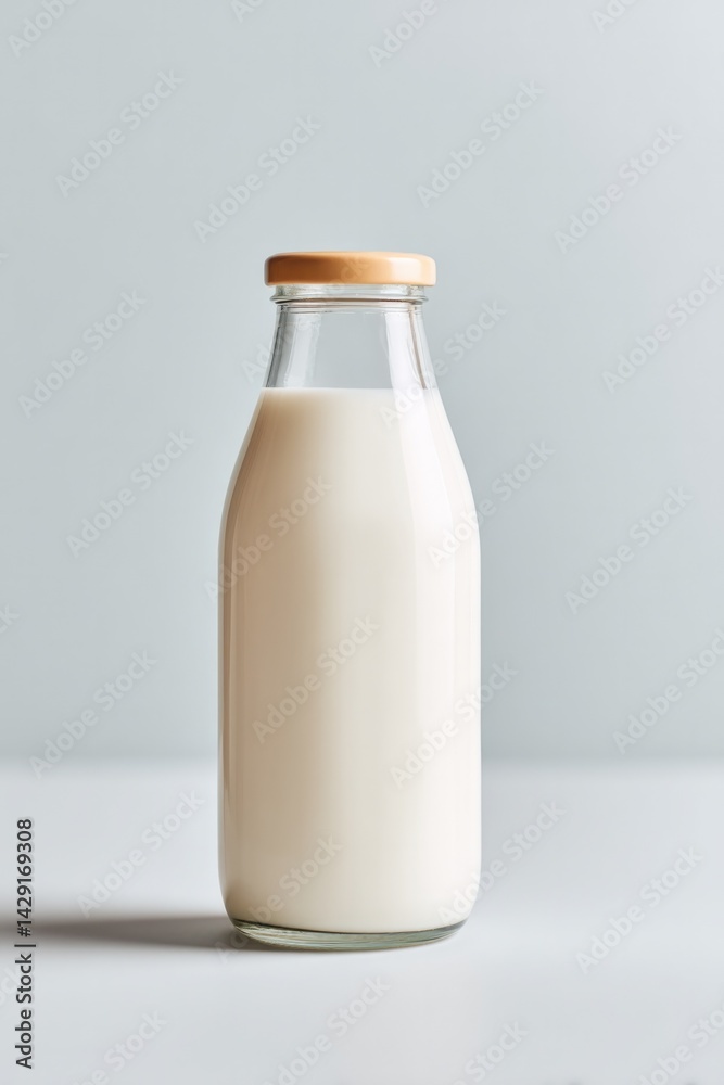 minimalistic image featuring simple glass milk bottle placed centrally on plain light-colored background minimalistic image featuring simple glass milk bottle placed centrally on plain light-colored background