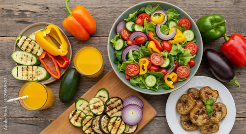Wallpaper Mural A top view of a colorful summer meal: fresh salad, juice, grilled veggies Torontodigital.ca