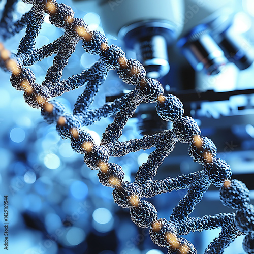 Stunning closeup of a DNA helix, intricately detailed, against a blurred backdrop of a scientific laboratory.  Perfect for illustrating genetic research, biotechnology, or scientific advancements.