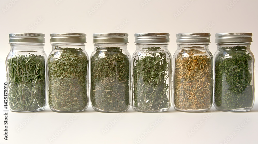 Jars of Dried Herbs on Display with Lids in a Row Jars of Dried Herbs on Display with Lids in a Row