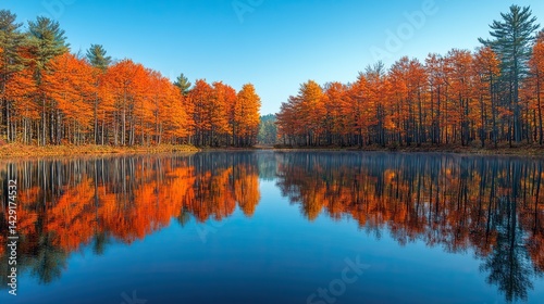 The vibrant reflection of autumn trees in a calm, still lake