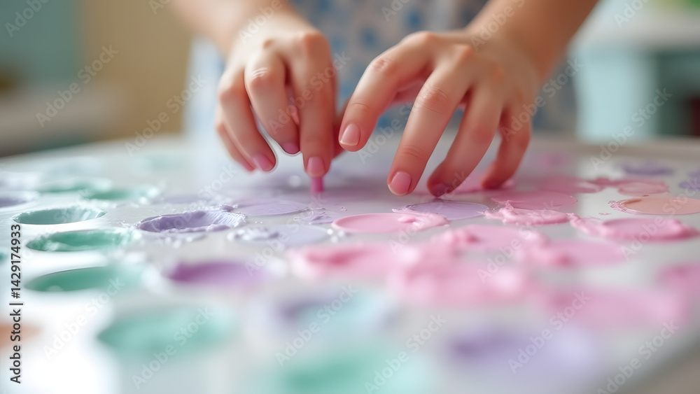 Fototapeta premium Kids’ hands painting with pastel tempera—mint, lavender, peach—creating ethereal clouds and soft blends. Milky, translucent paints glow in diffused light, like a fairy tale. Blurred dreamy background.