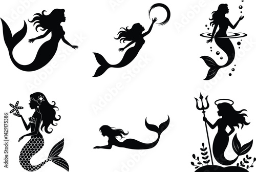 Minimalist Mermaid Silhouette Clipart Vector Illustration Design. Mystical Mermaid, Elegant Mermaid, Underwater Mermaid, Mermaid Tail & Siren Shadows, Whimsical Mermaid, Fantasy Mermaid, Cute Mermaid.