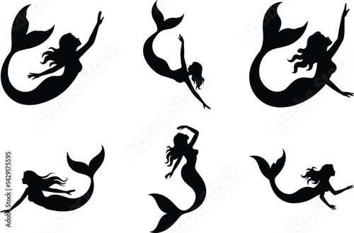 Minimalist Mermaid Silhouette Clipart Vector Illustration Design. Mystical Mermaid, Elegant Mermaid, Underwater Mermaid, Mermaid Tail & Siren Shadows, Whimsical Mermaid, Fantasy Mermaid, Cute Mermaid.