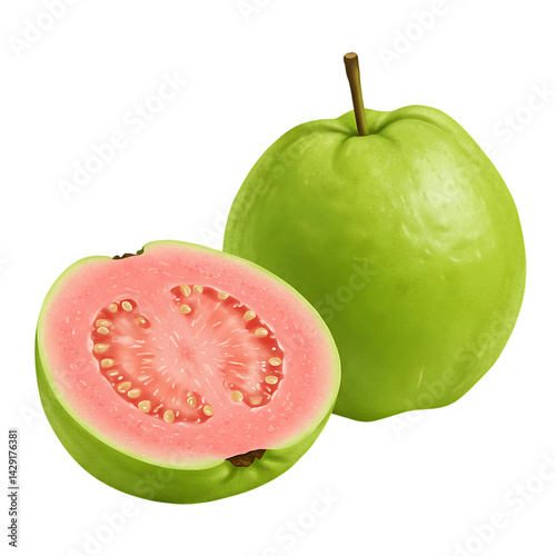 Realistic Pink Guava Illustration | Fresh Tropical Fruit Clipart | Green Guava PNG Design.
