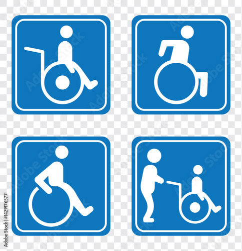 Disabled icons, Wheelchair symbols, handicapped access signs set. Wheelchair, handicapped access sign or symbols. Disabled handicap icons. Wheelchair icon symbol set.