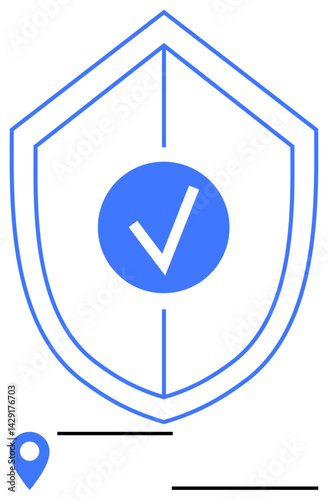 Shield with checkmark in blue, location pin, and minimal lines representing protection, trust, navigation. Ideal for cybersecurity, data privacy, location safety, reliability integrity trust