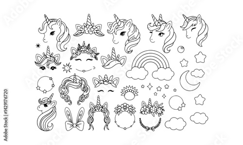 Unicorn face creation kit vector illustration isolated cute cartoon elements of eyes and eyelashes, eyeglasses and ears, horns with hair and flowers for creation of funny magic fairy animal.