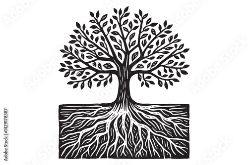 simple Hand drawn tree with roots flat vector illustration linocut