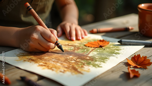 Earthy crayons depict a forest: bark textures, mossy greens, and dirt paths drawn with organic, matte hues. A natural, grounded childhood art moment.