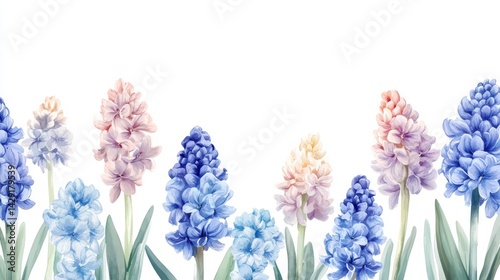 blue watercolor Hyacinth on pink backdrop. painting flower background. illustration floral nature. Anemone flower wallpaper for greeting cards weddings or birthdays. Copy space. space for text