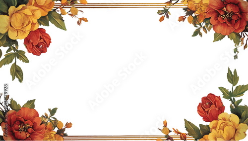 A vibrant floral frame featuring colorful flowers and lush green leaves on a white background, perfect for creative designs or invitations, watercolor paint of Floral boarder frame 
