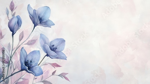 Fototapeta Naklejka Na Ścianę i Meble -  A beautiful watercolor floral pattern with bluebell in pastel colors, with an empty space for the text, on a light gray background, the flowers are located at the left of the picture 
