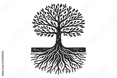 simple Hand drawn tree with roots flat vector illustration linocut