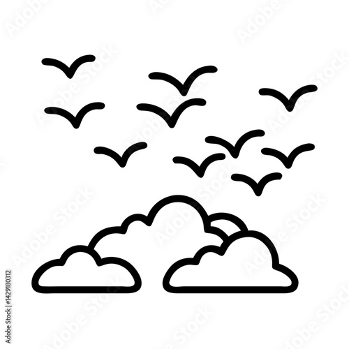 Birds flying cloud vector illustration, sky cloudscape, flight silhouette, nature drawing design
