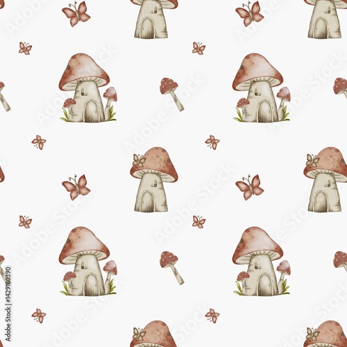 Whimsical fairytale pattern with castles, fairies, mushrooms, and butterflies in watercolor