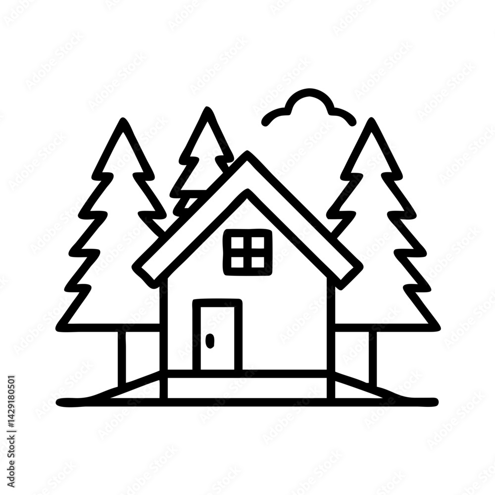 Cabin in the woods vector illustration, house in forest line art, tree and cloud outline drawing, simple art Cabin in the woods vector illustration, house in forest line art, tree and cloud outline drawing, simple art