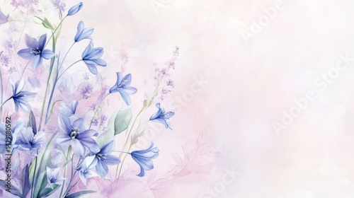 blue watercolor blue bell on pink backdrop. painting flower background. illustration floral nature. Anemone flower wallpaper for greeting cards weddings or birthdays. Copy space. space for text
