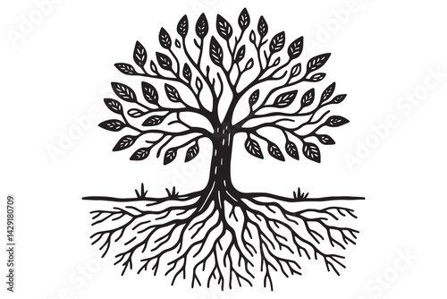 simple Hand drawn tree with roots flat vector illustration linocut