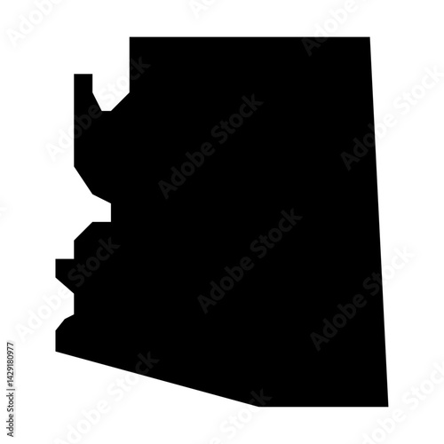 A black silhouette of the state of arizona with its distinctive jagged western border is visible here