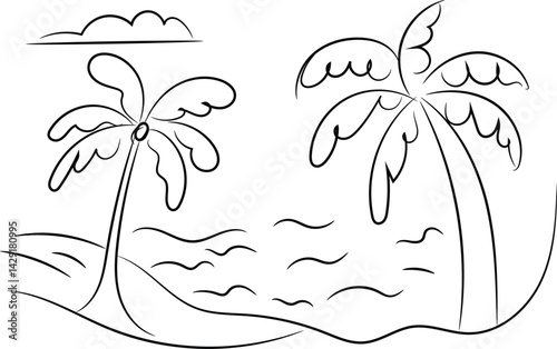 Tropical island paradise vector illustration with palm trees on a sandy beach under the summer sun