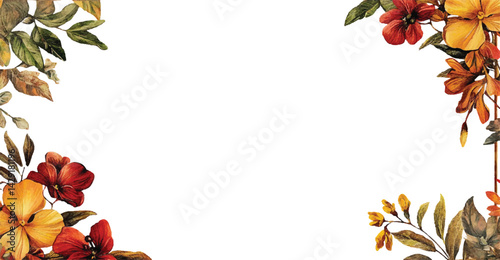 A vibrant floral frame featuring colorful flowers and lush green leaves on a white background, perfect for creative designs or invitations, watercolor paint of Floral boarder frame 